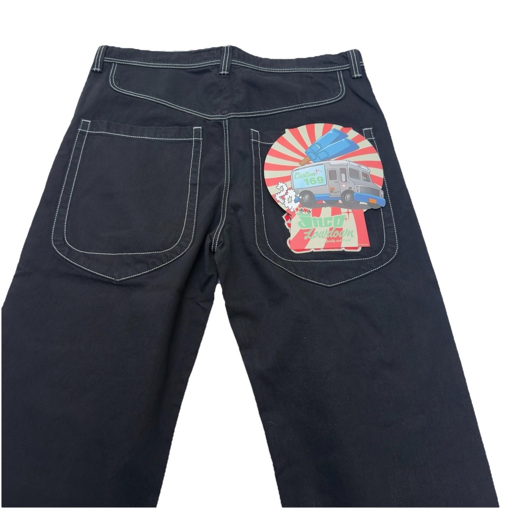 JNCO LAS VEGAS 1169 Low Down Deck Jeans Mens 40x34 Jet Black White Stitch Y2K 90